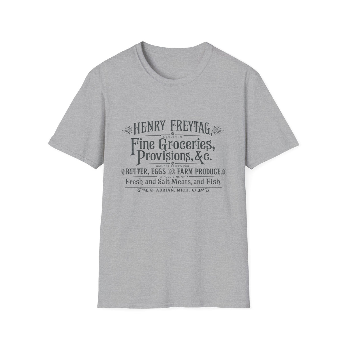 Vintage Grocery Sign T-Shirt — "Henry Freytag Fine Groceries, Provisions, &c." Retro Farmstore Tee
